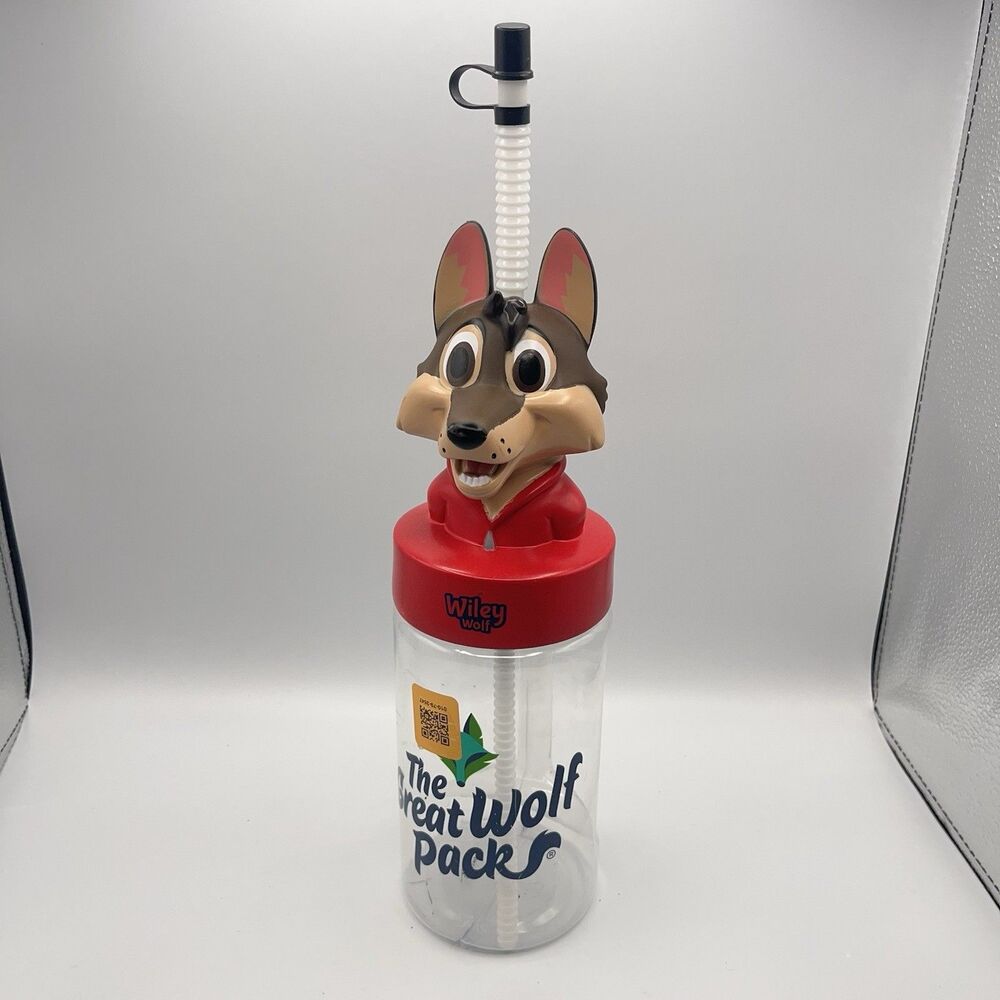Red Great Wolf Lodge Water Park Wiley Wolf Travel Bottle/Cup W/Wolf Head